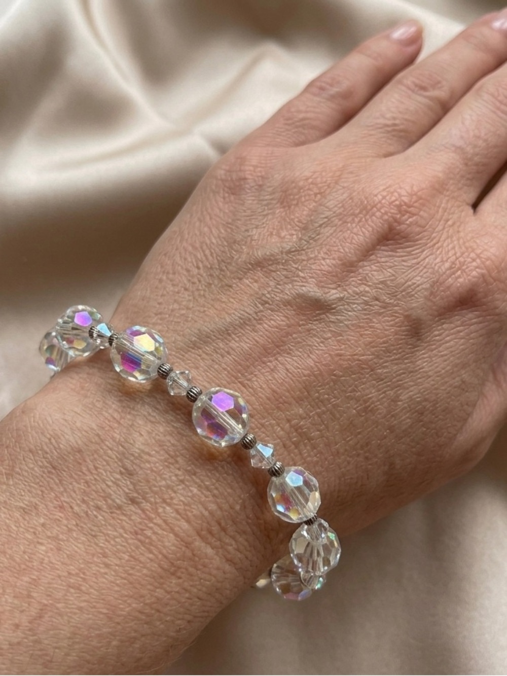 Vintage Austria Wired Bangle Bracelet AB Glass Crystal Aurora Borealis Faceted